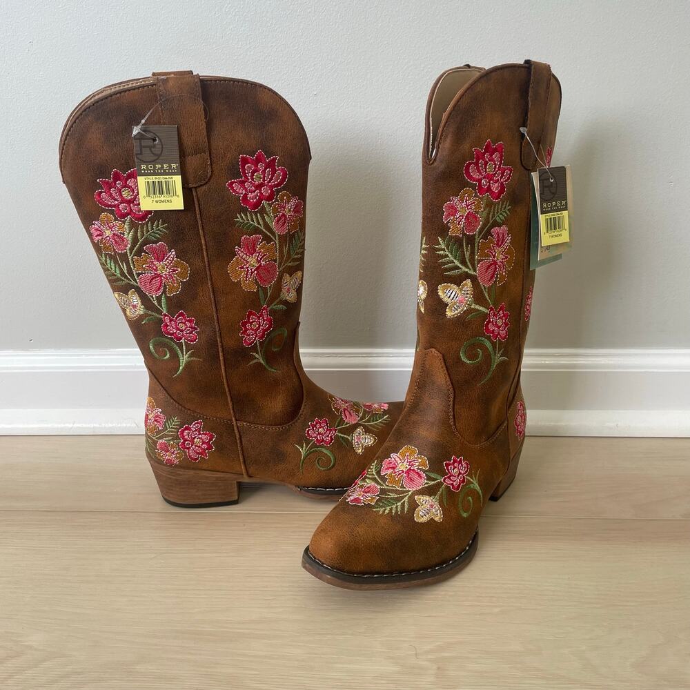 Roper New Floral Embroidered Western Boots Sz 7 Brown Distressed Leather Look